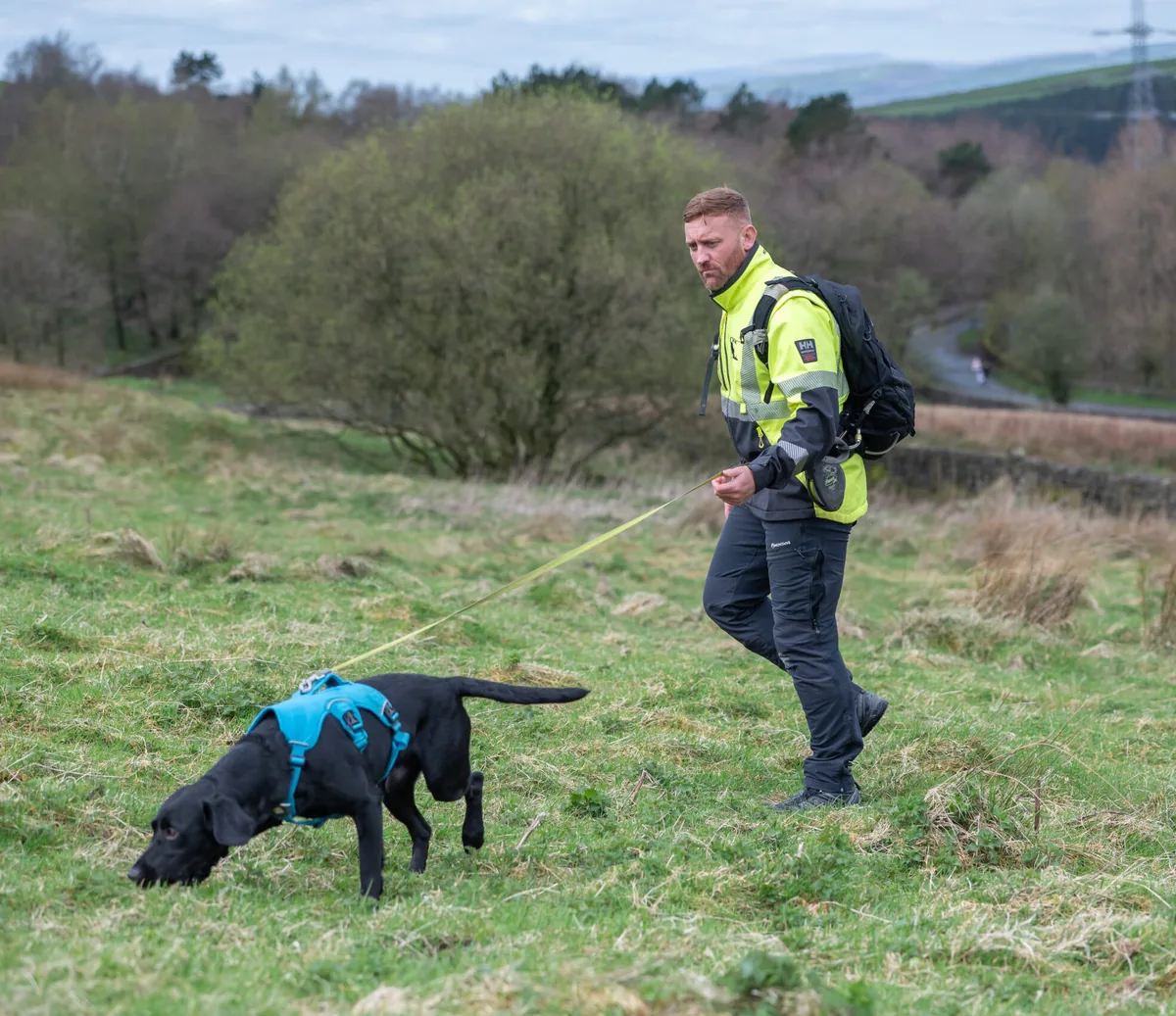 Canine team operating in a rural field environment